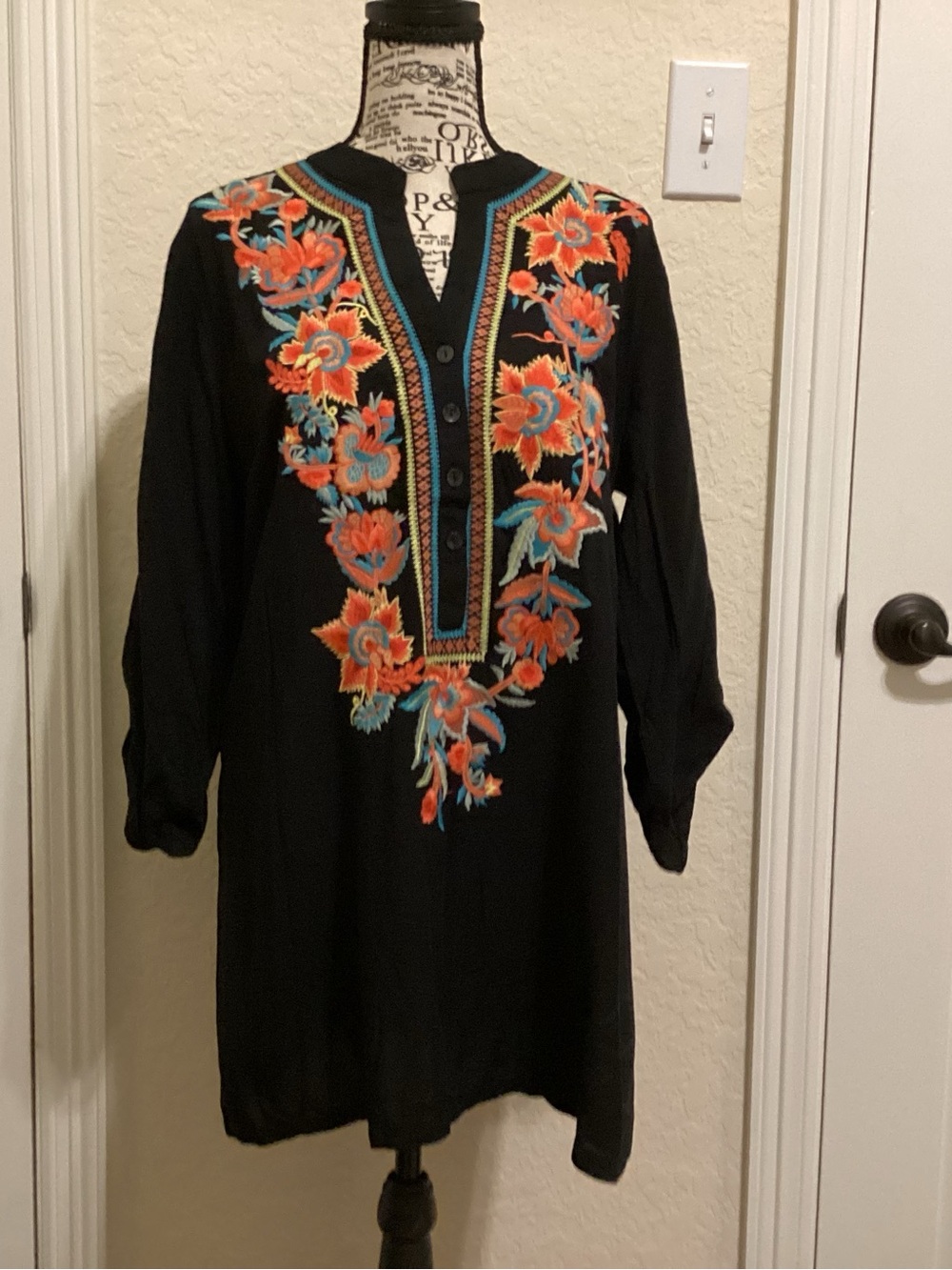 Solitaire Black Long-Sleeve Tunic Dress with Orange and Teal Floral Embroidery